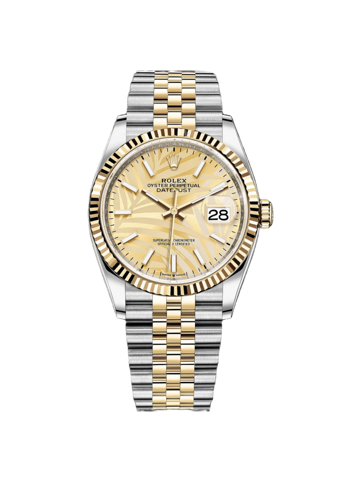 E6E815D4-CDDD-AA4B-603B-B90E00D107D1.png Rolex Datejust 36mm 126233 Golden Palm Motif Dial Jubilee Bracelet Watch - Image 1