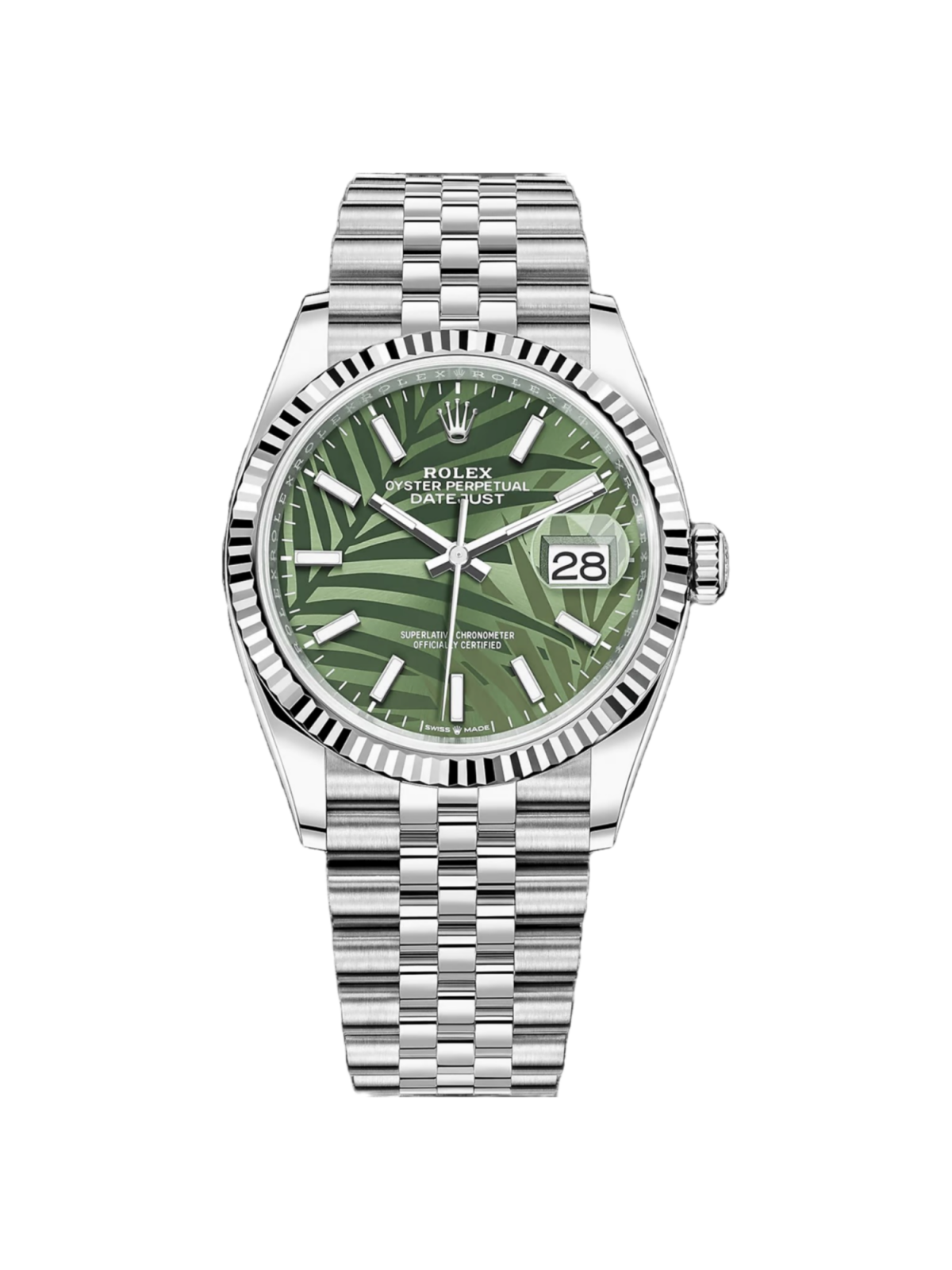EA72070E-5038-BB43-1485-779B8A16E1A1.png Rolex Datejust 36mm 126234 Olive Green Palm Motif Dial Jubilee Stainless Steel Watch - Image 1