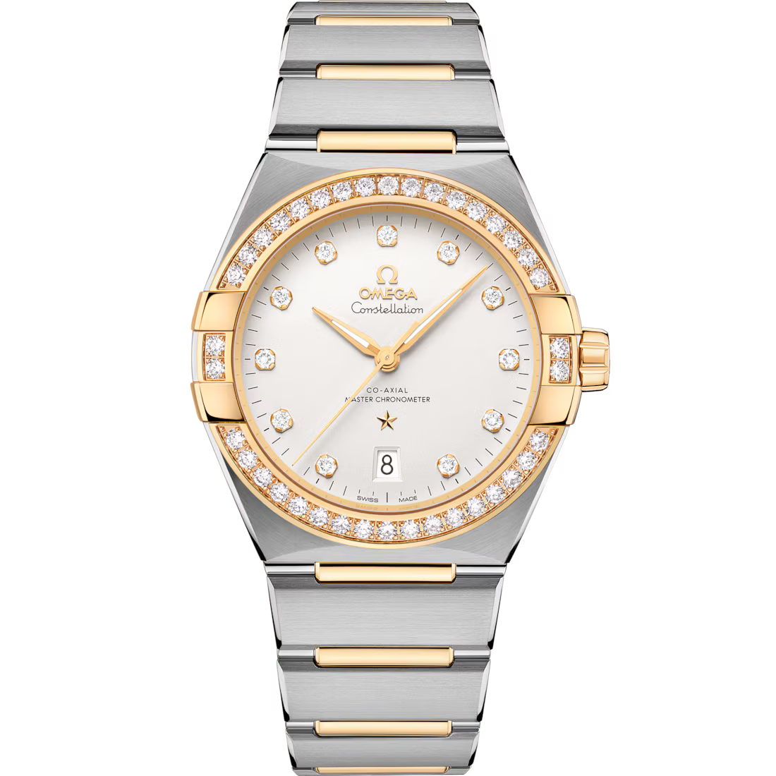 F7C60E50-0896-6EB5-4723-842FE8B0CC08.avif Omega Constellation 39mm Silver Dial with Diamonds Stainless Steel and Sedna™ 18k Yellow Gold Bracelet 131.25.39.20.52.002 - Image 1